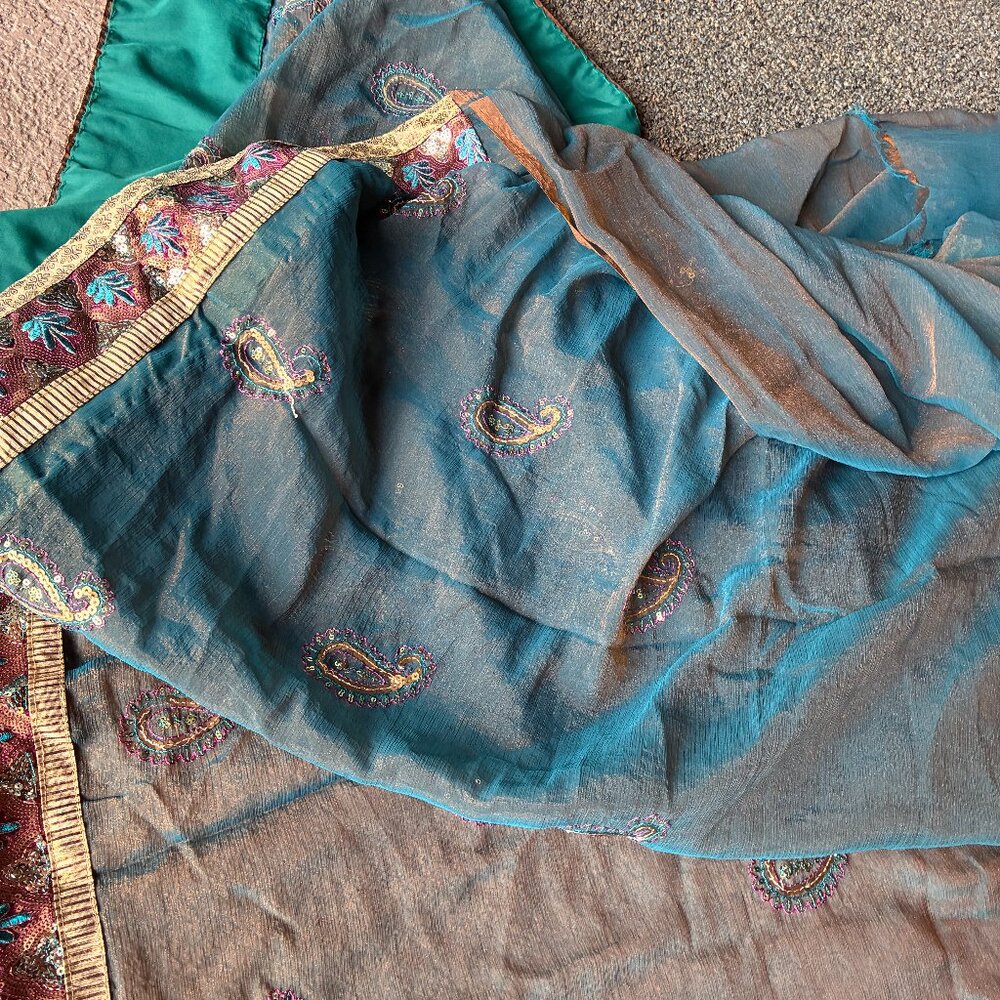 Two tone Iridescent Rust and Blue Sari with Blue Embroidered Flowers and Sequins